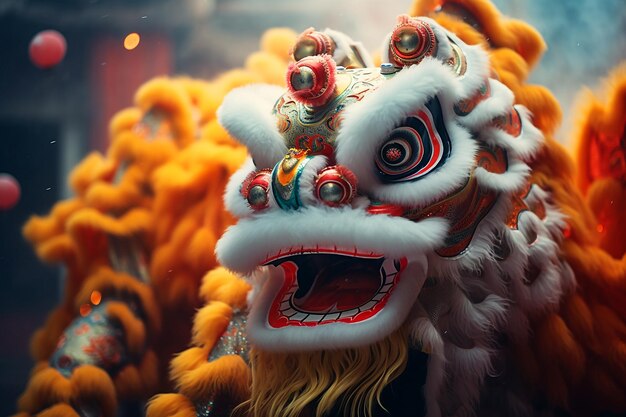 L'énorme et effrayant lion chinois danse sur un fond magique