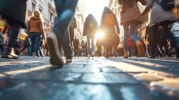 Une énorme foule de gens dans la ville se précipite sur leurs affaires pendant la journée se concentrent sélectivement sur les jambes