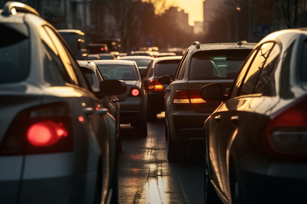 une énorme ligne de voitures de trafic dans un arrière-plan de style bokeh de rue