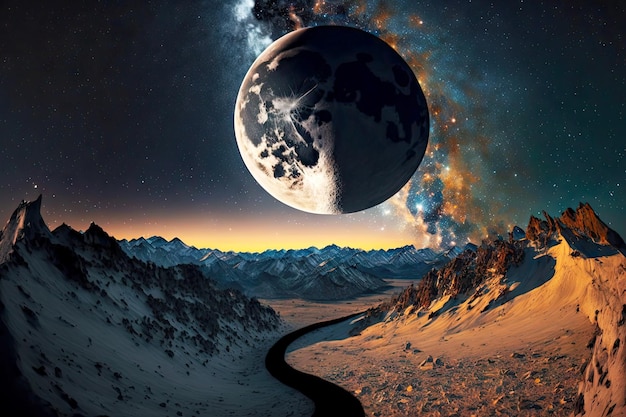 Énorme lune suspendue au-dessus de hautes montagnes la nuit de la chute des étoiles