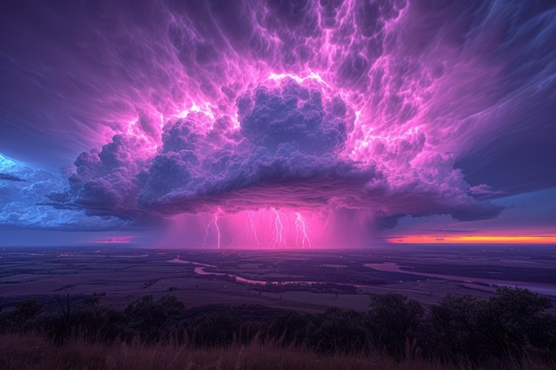 Un énorme orage violet avec des éclairs sur un paysage rural