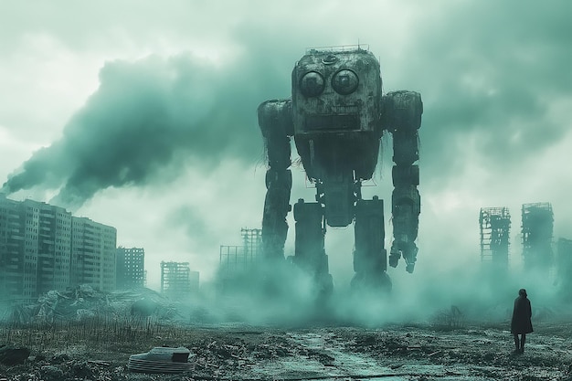 Un énorme robot d'invasion en train de détruire une ville en ruines dans le monde de l'Apocalypse.