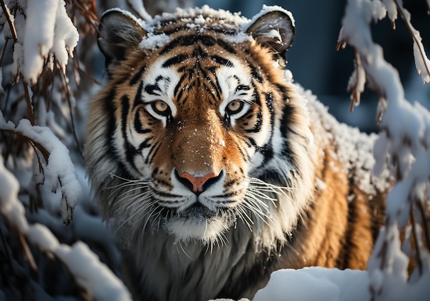 Un énorme tigre sibérien dans le paysage hivernal avec la chute de neige générée par l'IA