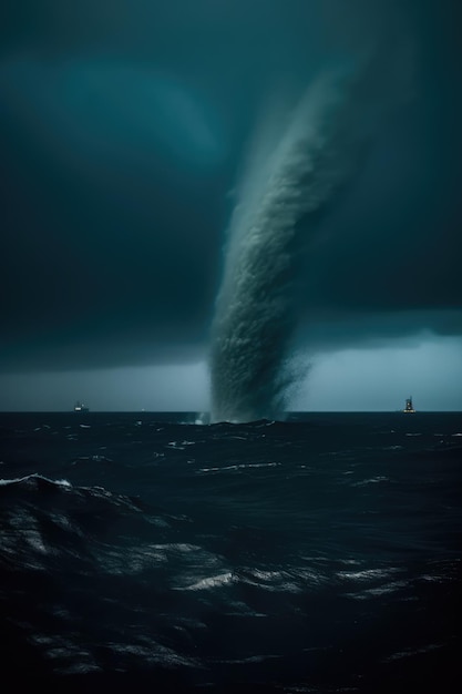 Une énorme tornade tourbillonnant sur la mer créée à l'aide de la technologie d'IA générative