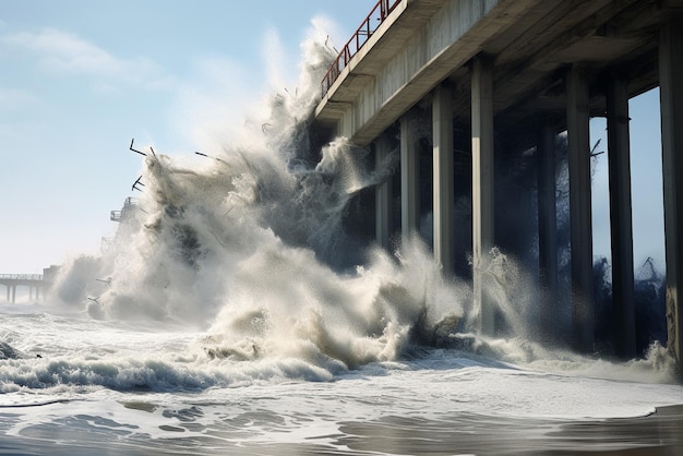 Une énorme vague brise le pont.