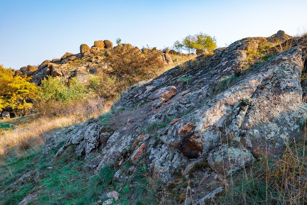 D'énormes gisements de vieux minéraux de pierre recouverts de végétation dans une prairie remplie de soleil chaud en Ukraine et sa belle nature