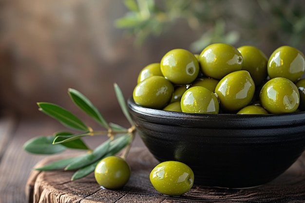 D'énormes olives émeraude dans un plat d'ébène sur une surface de noix