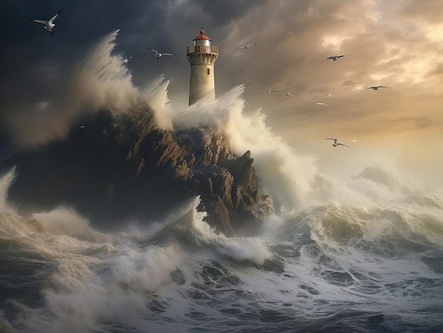 d'énormes vagues de la mer frappant le phare