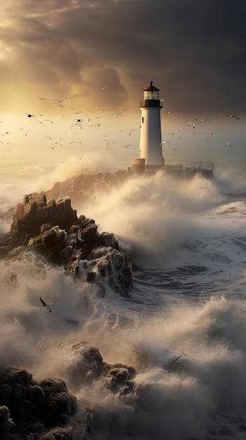 d'énormes vagues de la mer frappant le phare