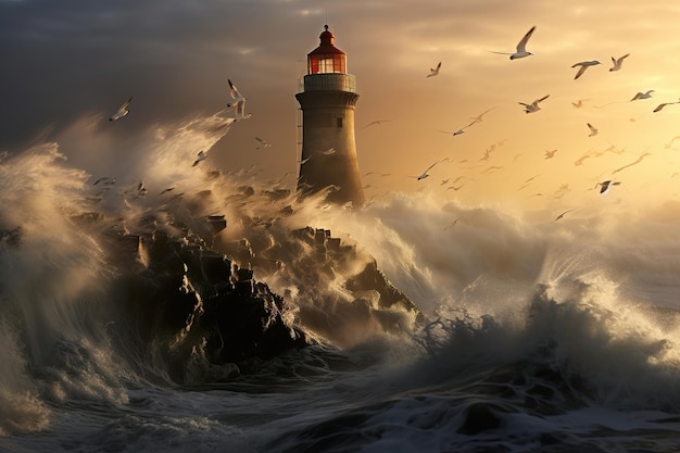 d'énormes vagues de la mer frappant le phare