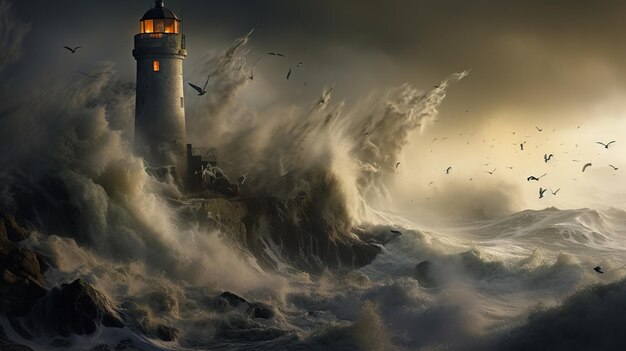 d'énormes vagues de la mer frappant le phare