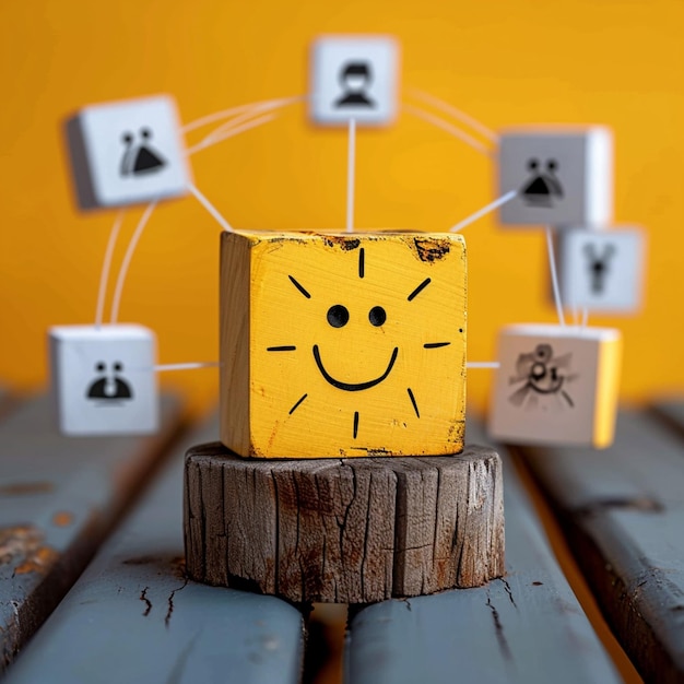 Photo enquête en ligne sur la satisfaction des clients avec un bloc de bois sur jaune pour les médias sociaux