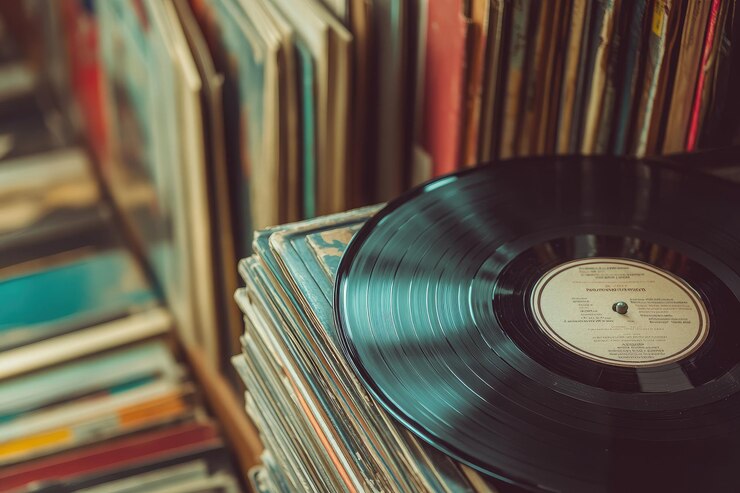 Photo enregistrement vinyle devant une collection d'albums concept de musique vintage banner web