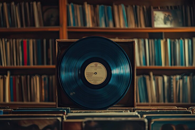 Photo enregistrement vinyle devant une collection d'albums concept de musique vintage banner web