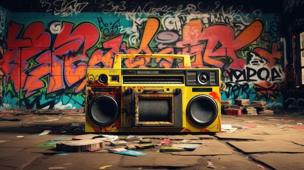 Un enregistreur de cassettes radio Boombox et des graffitis sur le mur