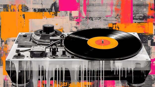 Photo enregistreur de vinyle génératif ai grunge lecteur de platine vintage graffiti pop art couleur vibrante peinture fondue à l'encre street art sur un fond vintage de papier texturé