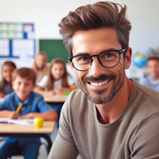 Photo un enseignant d'âge moyen en lunettes regardant la caméra dans une salle de classe d'école primaire