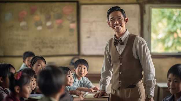 un enseignant asiatique se tient au tableau noir dans la salle de classe avec des enfants dans la photo de la leçon
