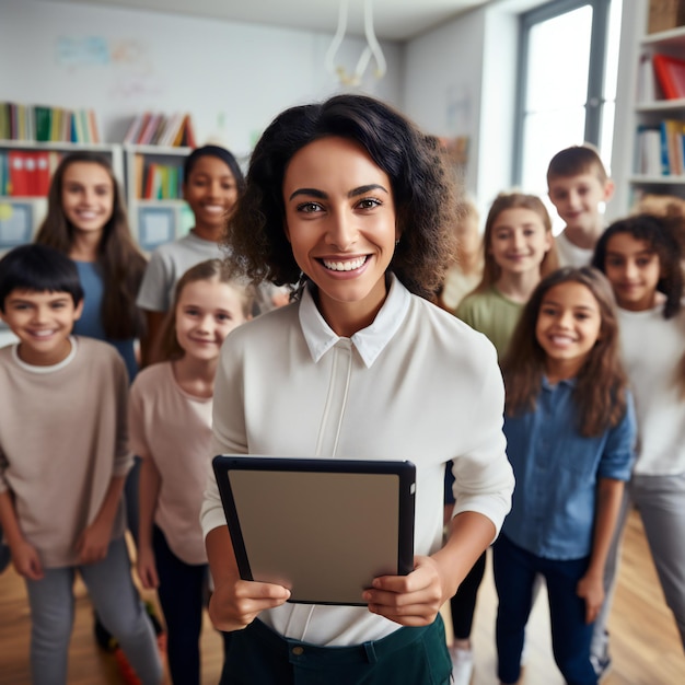 Un enseignant diversifié engage les élèves avec une tablette en classe