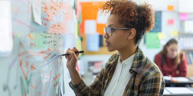 Photo un enseignant écrivant sur un tableau blanc dans une salle de classe