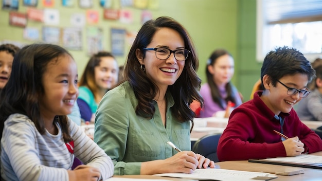 L'enseignant et les élèves sourient en classe.