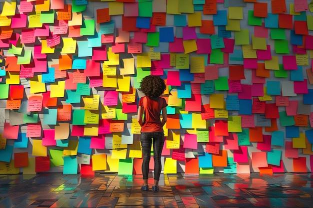 L'enseignant entouré d'un mur de postit coloré non