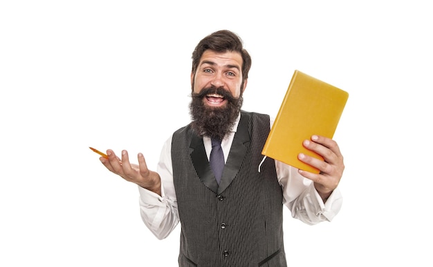 Un Enseignant Heureux Tient Un Livre Scolaire Avec Un Stylo Pour Lire Et  écrire L'éducation