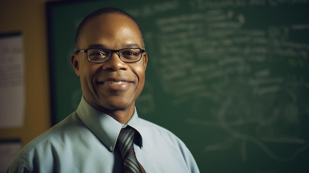 Enseignant Homme d'âge moyen afro-américain debout devant une salle de classe avec un tableau noir dans une salle de classe intérieure Generative AI AIG22