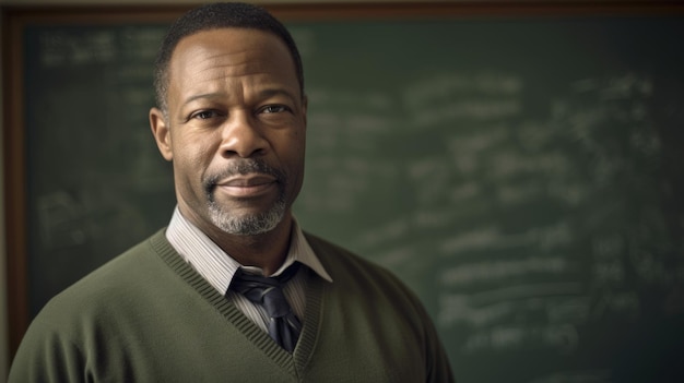 Photo enseignant homme d'âge moyen afro-américain debout devant une salle de classe avec un tableau noir dans une salle de classe intérieure generative ai aig22