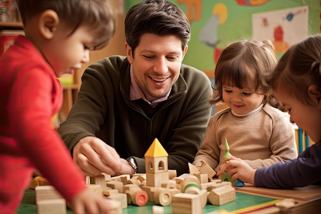 Un enseignant interagit joyeusement avec les enfants dans une classe en partageant des sourires et des ondes positives