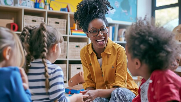 Photo un enseignant interagit joyeusement avec les enfants