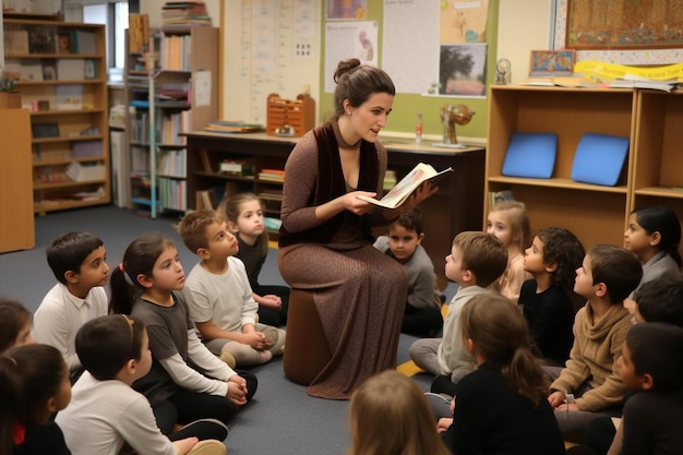 Un enseignant lisant un livre dans une salle de classe avec d'autres enfants.