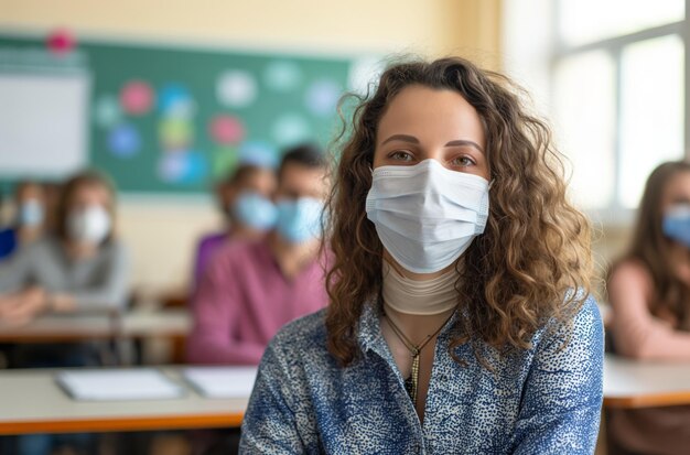 Enseignant avec un masque en classe