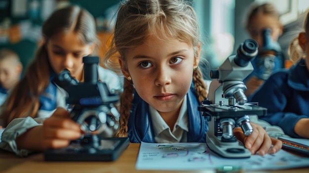 Un enseignant observe les élèves féminines regarder un microscope pendant une leçon de biologie à l'école primaire Les écoliers écrivent les informations données par leurs camarades de classe dans des cahiers