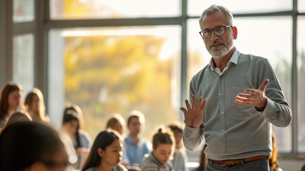 Photo un enseignant s'engage avec une classe d'étudiants divers