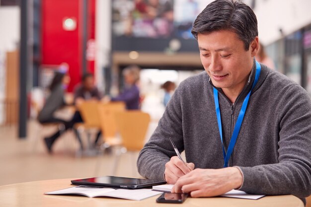 Enseignant de sexe masculin mature ou étudiant avec tablette numérique travaillant à table dans College Hall