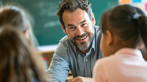 Enseignant souriant s'engageant avec de jeunes étudiants en classe
