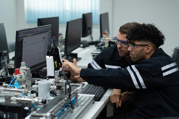 L'enseignant de technologie de la main robotique enseigne aux nouveaux élèves comment utiliser le circuit électronique