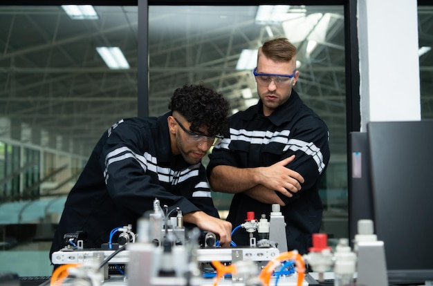 L'enseignant de technologie de la main robotique enseigne aux nouveaux élèves comment utiliser le circuit électronique