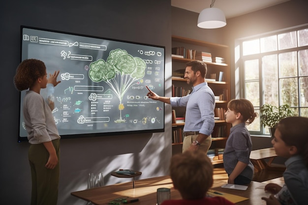 Un enseignant utilisant un tableau blanc interactif pour une IA générative