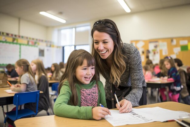 L'enseignante aide la fille dans ses devoirs.