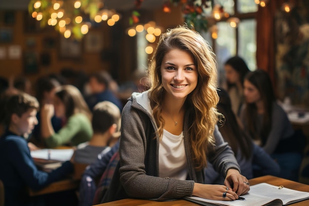 Une enseignante assise à une table avec un cahier devant elle