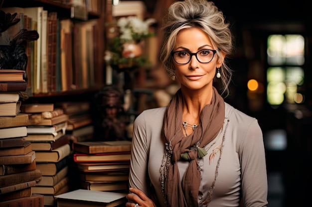 Une enseignante captivante avec une pile de livres dans les bras sa présence déborde d'élégance et de sagesse