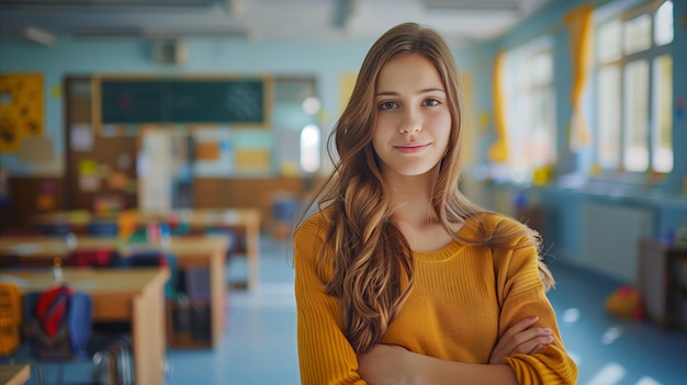 Une enseignante confiante dans une salle de classe lumineuse