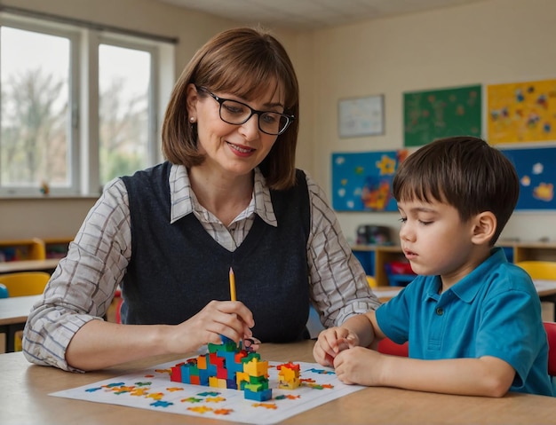 L'enseignante enseigne à un enfant autiste Jour de l'autisme