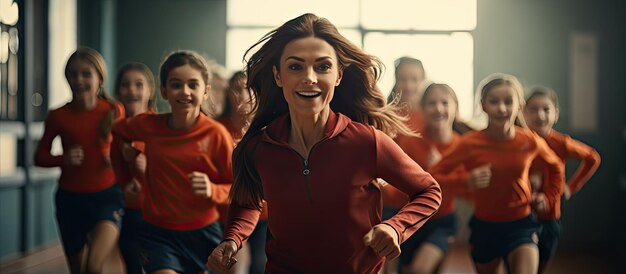 Enseignante d'EPS participant à un cours de gym avec des élèves Zone vide