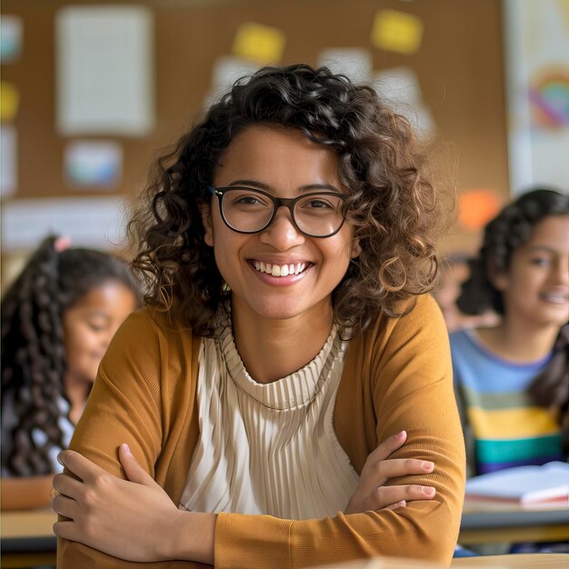 Photo une enseignante heureuse avec des élèves dans la salle de classe