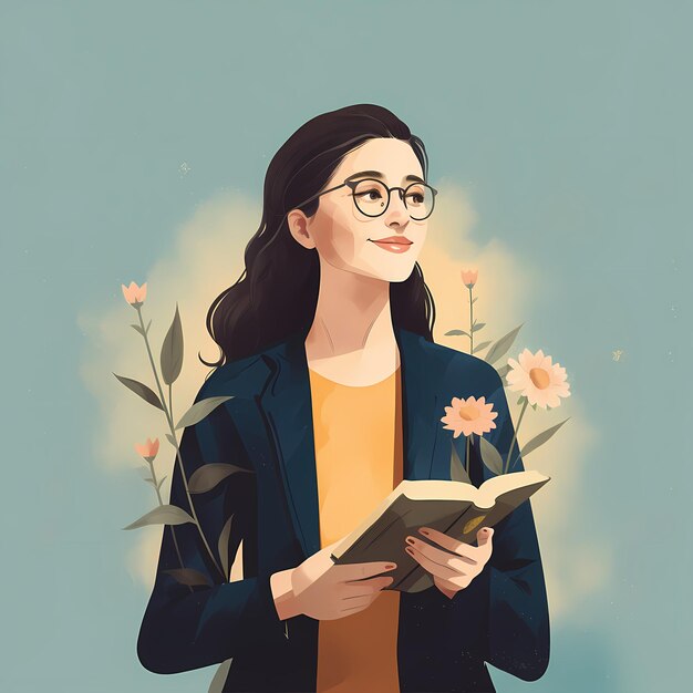 Une enseignante à lunettes avec un livre et une fille qui lit des fleurs