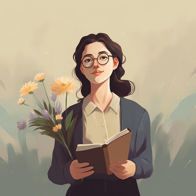 Une enseignante à lunettes avec un livre et une fille qui lit des fleurs