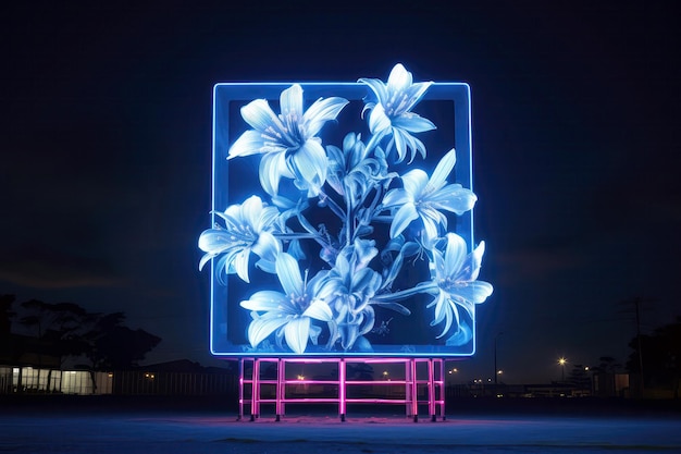 Une enseigne au néon avec un bouquet de fleurs dessus